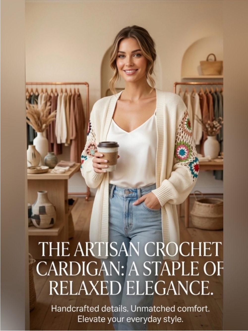 Artisan Cream Crochet Sleeve Design Open-Front Cardigan ~ Fits 14-16